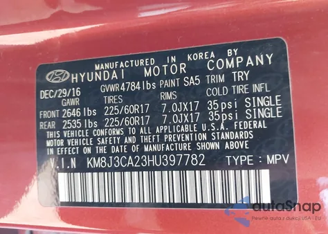 2017 Hyundai Tucson Eco from USA, damaged, VIN KM8J3CA23HU397782